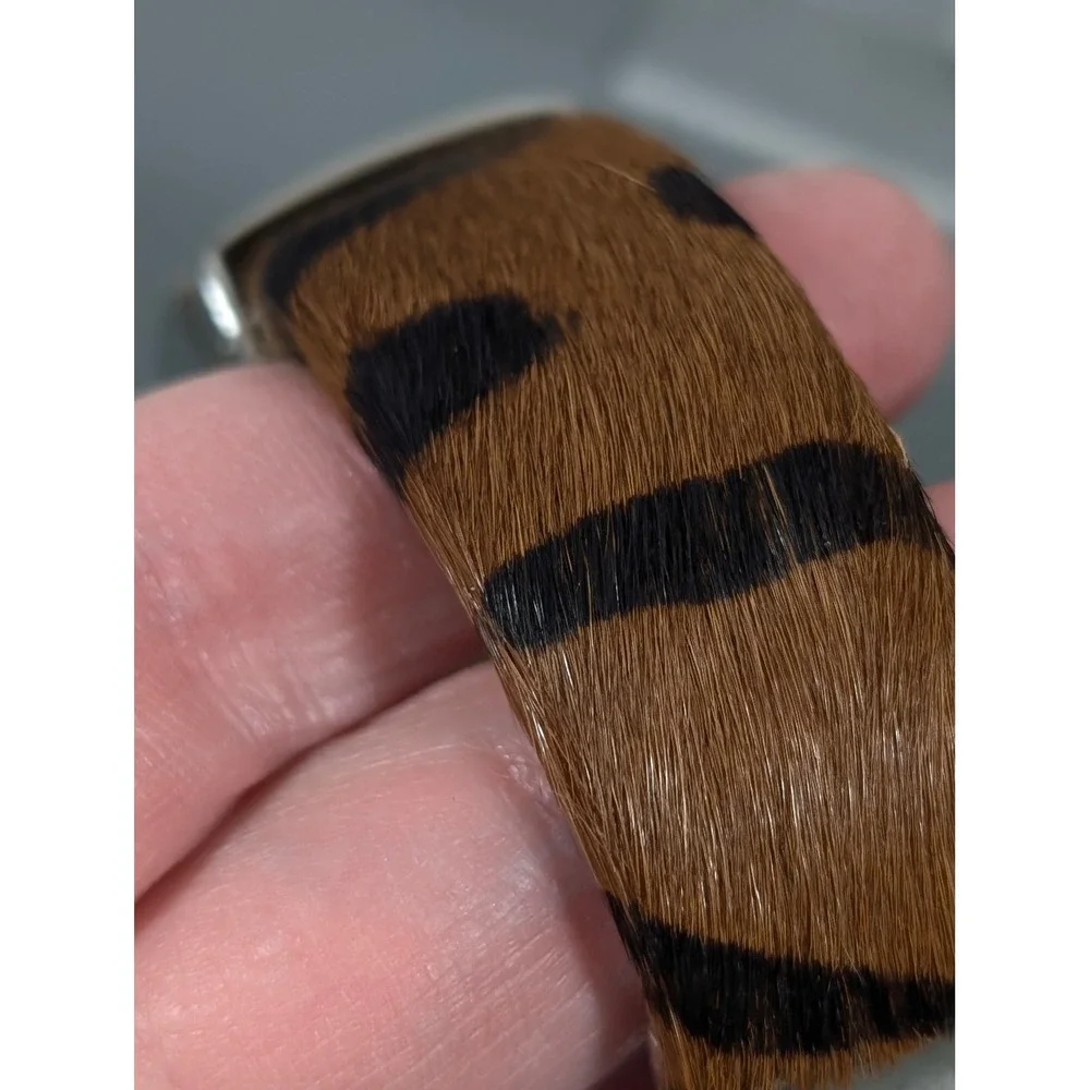 Kessaris‎ Watch Animal Print Faux Fur Cuff Brown Black Hinge Bracelet 6.5